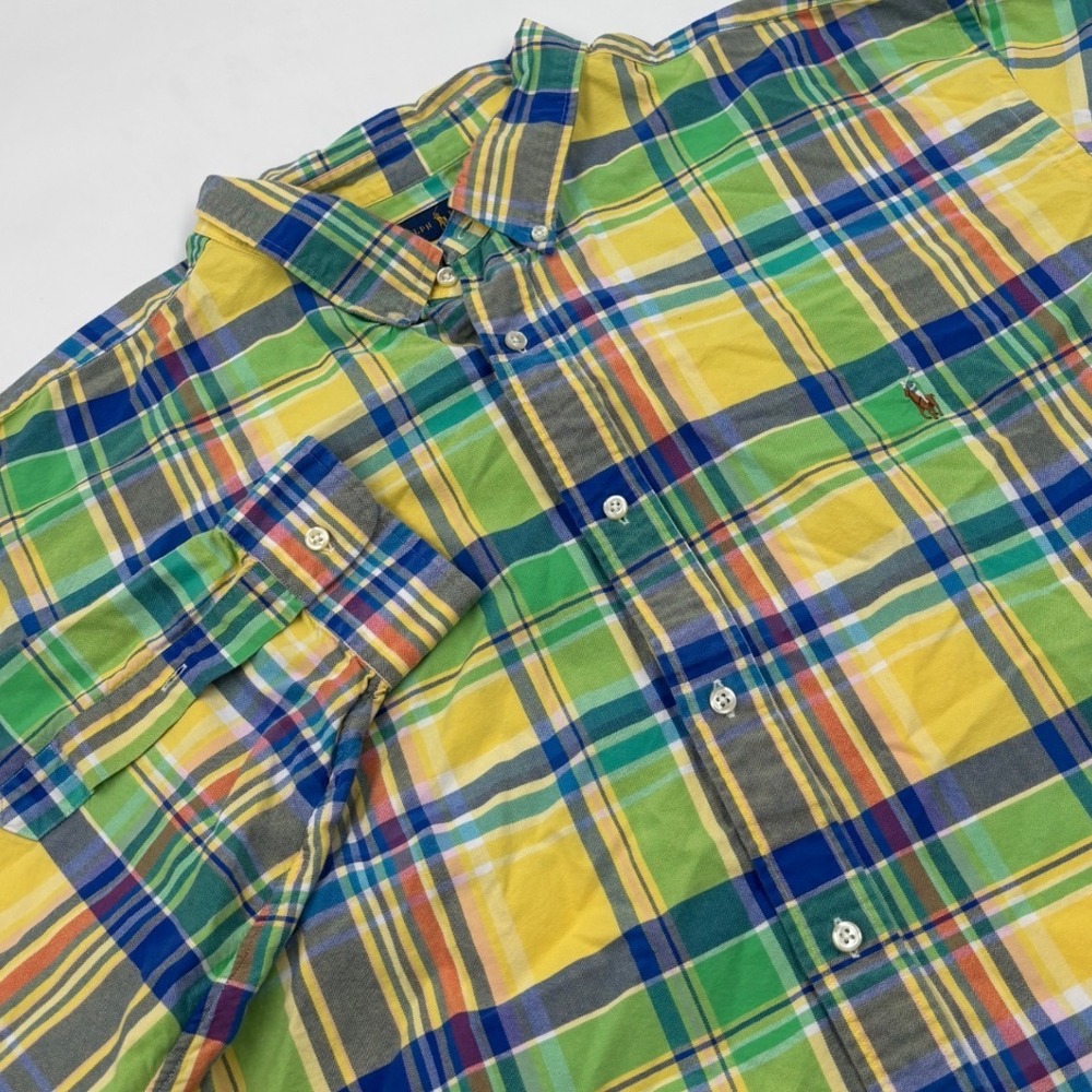Ralph Lauren Men's 4XLT Plaid Button Down Yellow Green Blue Cotton Tall Shirt